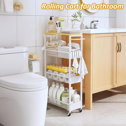 7.1" Wide Slim Storage Cart on Wheels, 4 Tier Metal Narrow Rolling Cart with Handle and Wood Top, Multifunctional Small Mobile Shelf Unit Organizer Trolley for Laundry, Bathroom, Kitchen