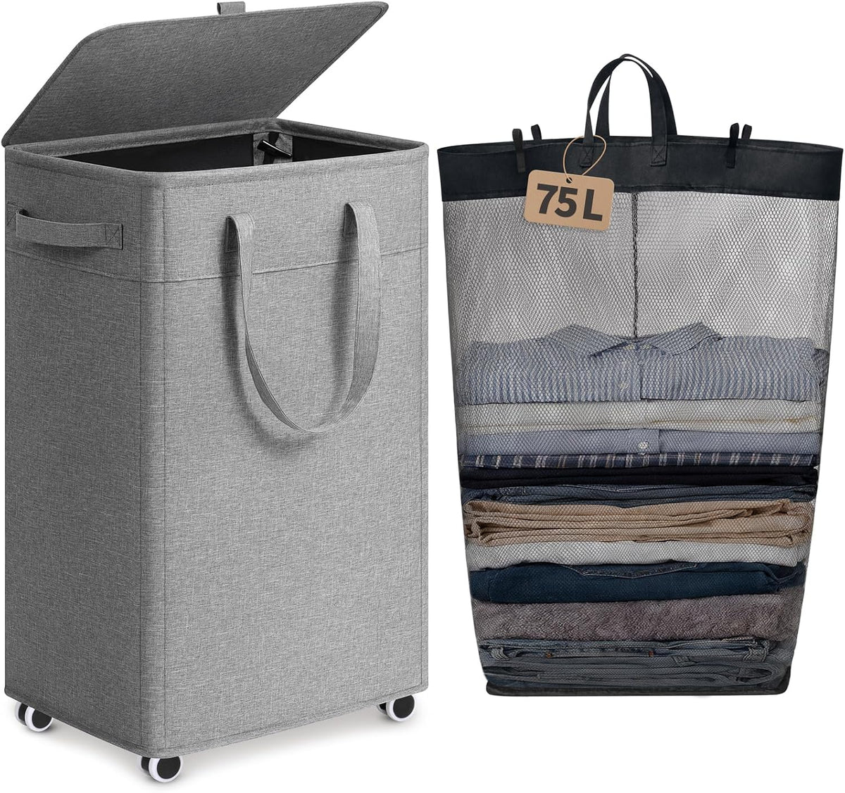 Goodpick 75L Rolling Laundry Basket with Wheels and Lid, Grey