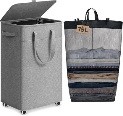 Goodpick 75L Rolling Laundry Basket with Wheels and Lid, Grey