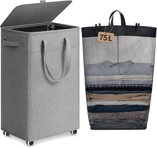 Goodpick 75L Rolling Laundry Basket with Wheels and Lid, Grey