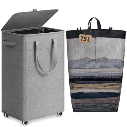Goodpick 75L Rolling Laundry Basket with Wheels and Lid, Grey