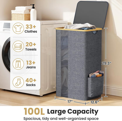 BlissTotes 100L Laundry Basket Hamper with Lid & Removable Bag,Light Grey