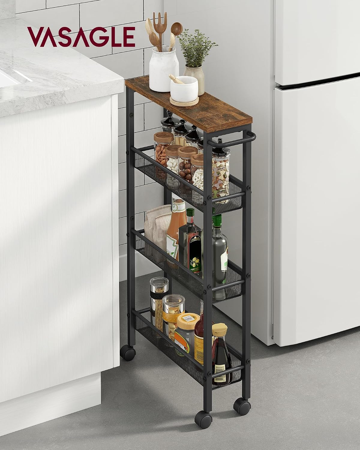 VASAGLE 4-Tier Slim Rolling Storage cart with Wheels, 5.1 Inches, Metal
