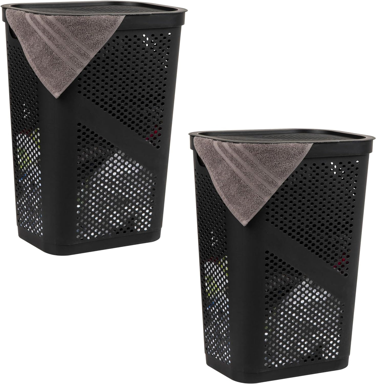 Mind Reader Slim Laundry Hamper with Lid, 60L Ventilated Clothes Baskets, Tapered Design for Bathrooms, Closets, Plastic, Set of 2, Black