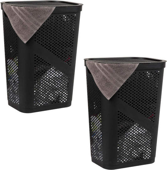 Mind Reader Slim Laundry Hamper with Lid, 60L Ventilated Clothes Baskets, Tapered Design for Bathrooms, Closets, Plastic, Set of 2, Black