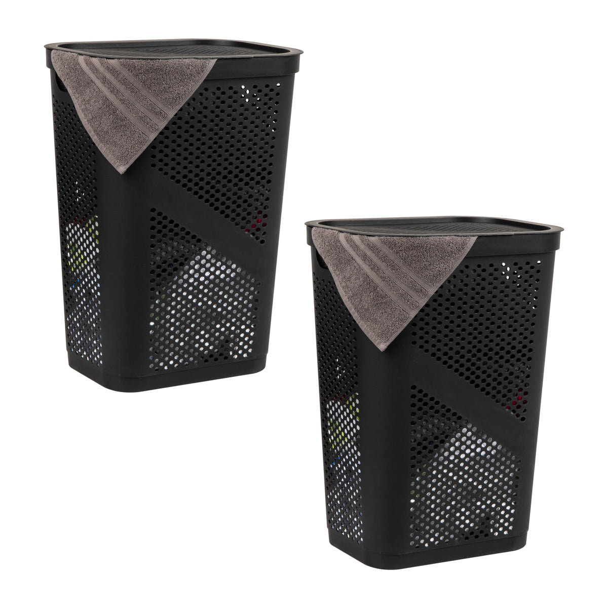 Mind Reader Slim Laundry Hamper with Lid, 60L Ventilated Clothes Baskets, Tapered Design for Bathrooms, Closets, Plastic, Set of 2, Black