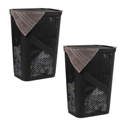 Mind Reader Slim Laundry Hamper with Lid, 60L Ventilated Clothes Baskets, Tapered Design for Bathrooms, Closets, Plastic, Set of 2, Black