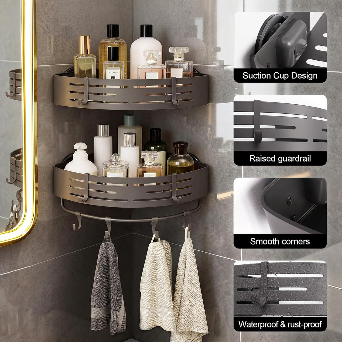 3-Tier No-Drill Storage Caddy with Hooks&Towel Bar,Organizing Solution for Bathroom,Shower&Kitchen,Holds Shampoos,Soaps,Sponges&Cleaners,Triangle