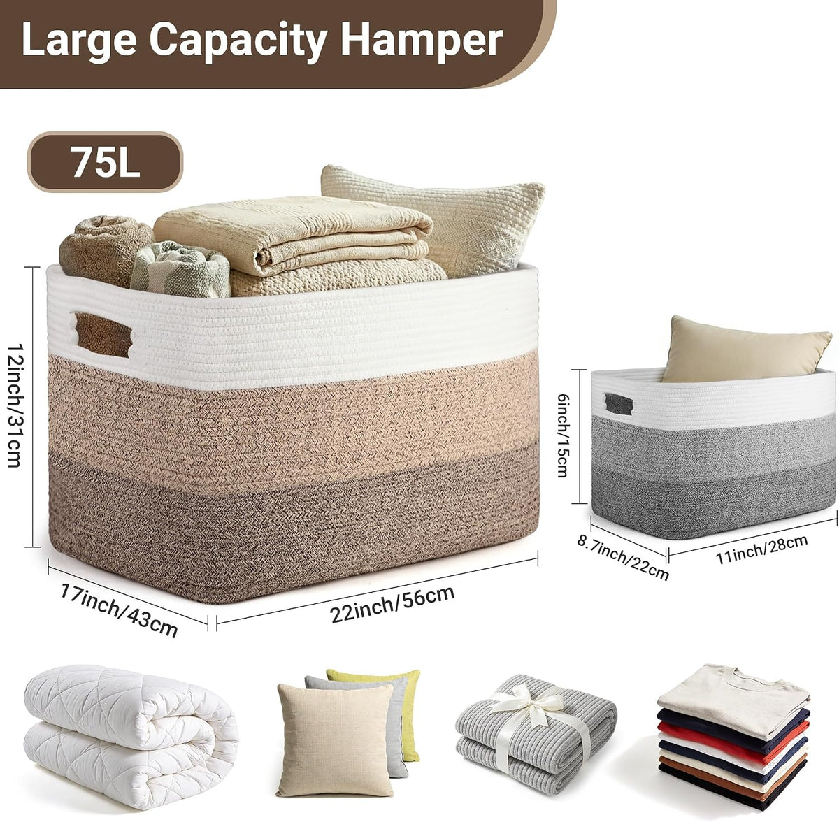 75L Blanket Basket Laundry Basket Hamper Brown/White,22"x17"x12"