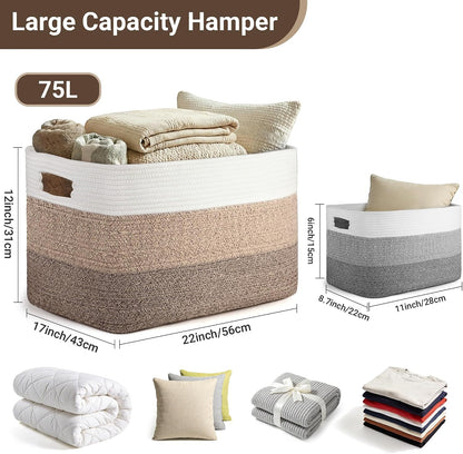 75L Blanket Basket Laundry Basket Hamper Brown/White,22"x17"x12"