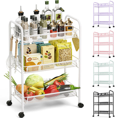TOOLF 4 Tier Rolling Cart, Metal Utility Storage Cart with Wheels, White