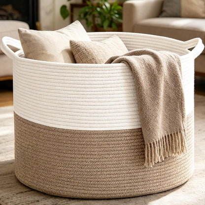 Large Woven Blanket Basket,65L Cotton Rope Laundry Basket