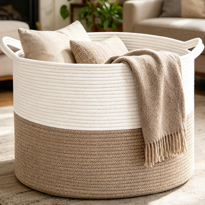 Large Woven Blanket Basket,65L Cotton Rope Laundry Basket