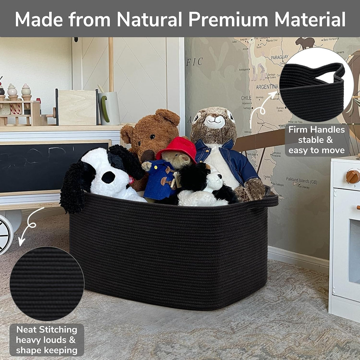Goodpick Large Woven Rope Blanket Basket, Rectangle, Black, 75L