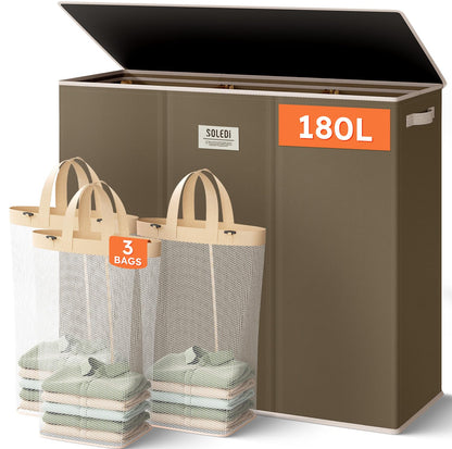 SOLEDI Large Laundry hamper 3 Section with Laundry Bag, XL Clothes Basket