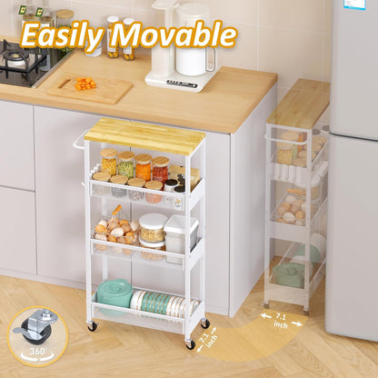 7.1" Wide Slim Storage Cart on Wheels, 4 Tier Metal Narrow Rolling Cart with Handle and Wood Top, Multifunctional Small Mobile Shelf Unit Organizer Trolley for Laundry, Bathroom, Kitchen