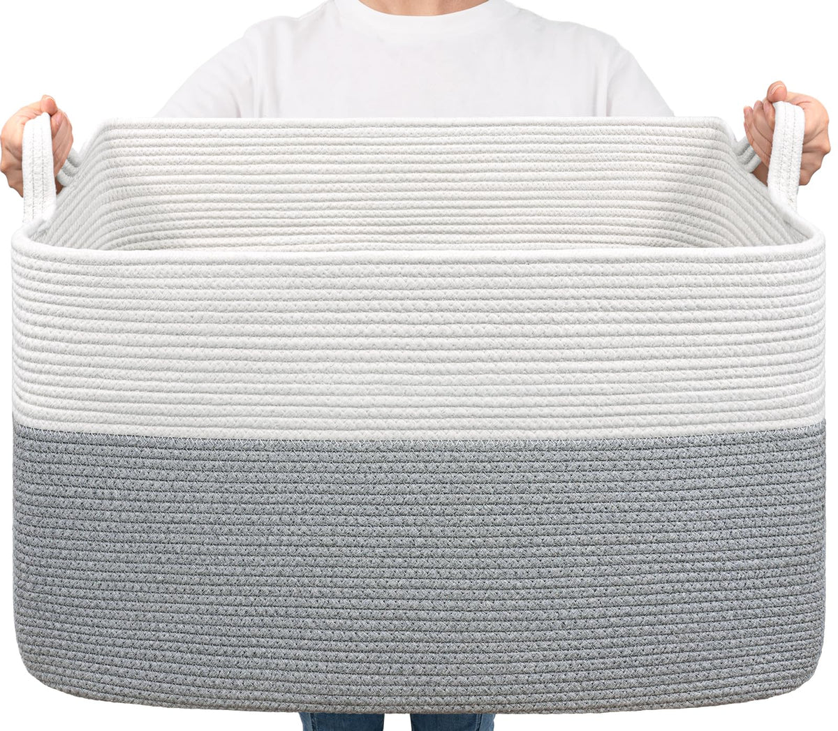 Goodpick Large Woven Rope Blanket Basket, Rectangle, Black, 75L