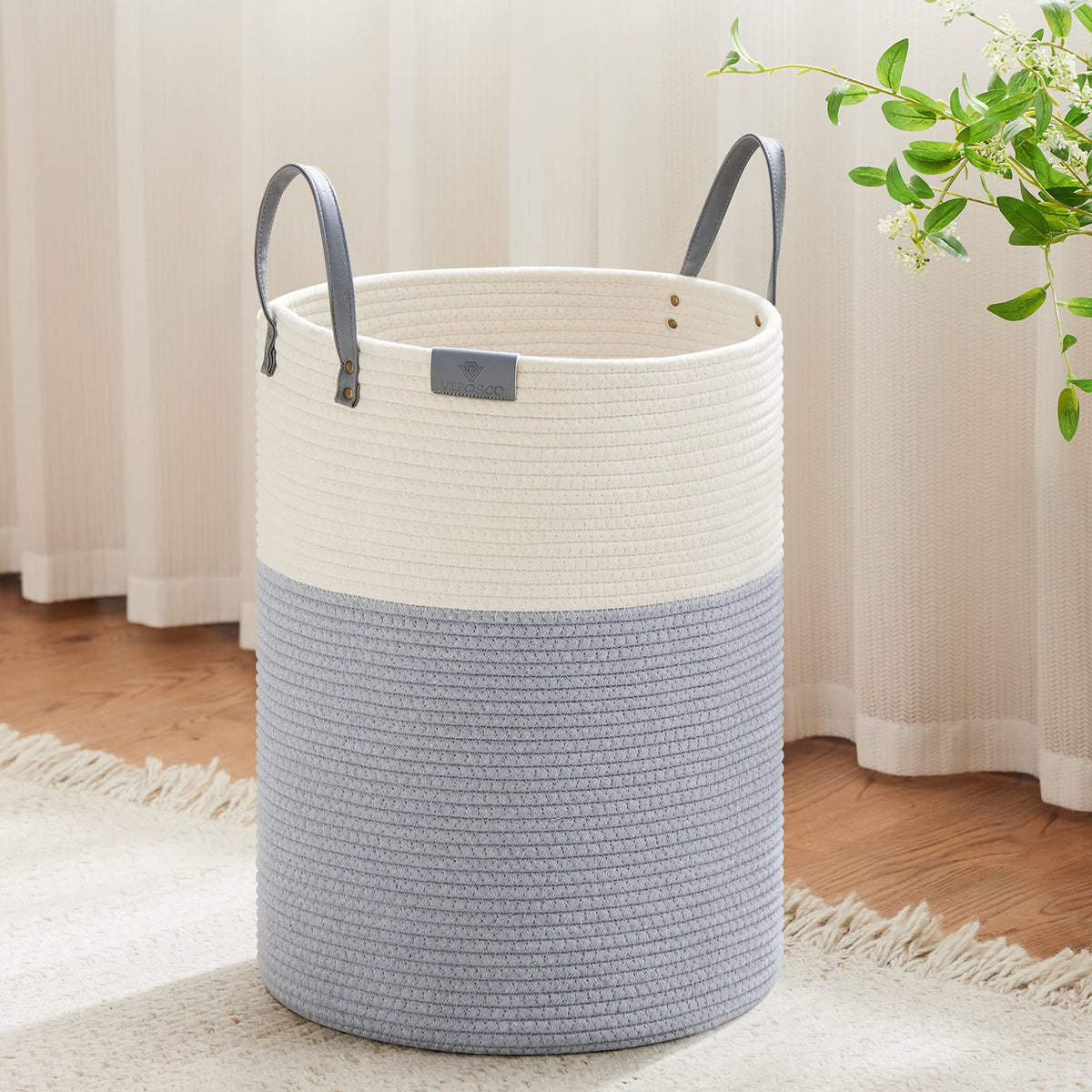 VIPOSCO 72L Tall Woven Rope Laundry Hamper, Leather Handles, White & Brown