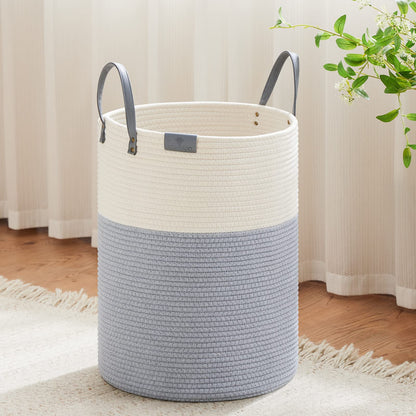 VIPOSCO 72L Tall Woven Rope Laundry Hamper, Leather Handles, White & Brown