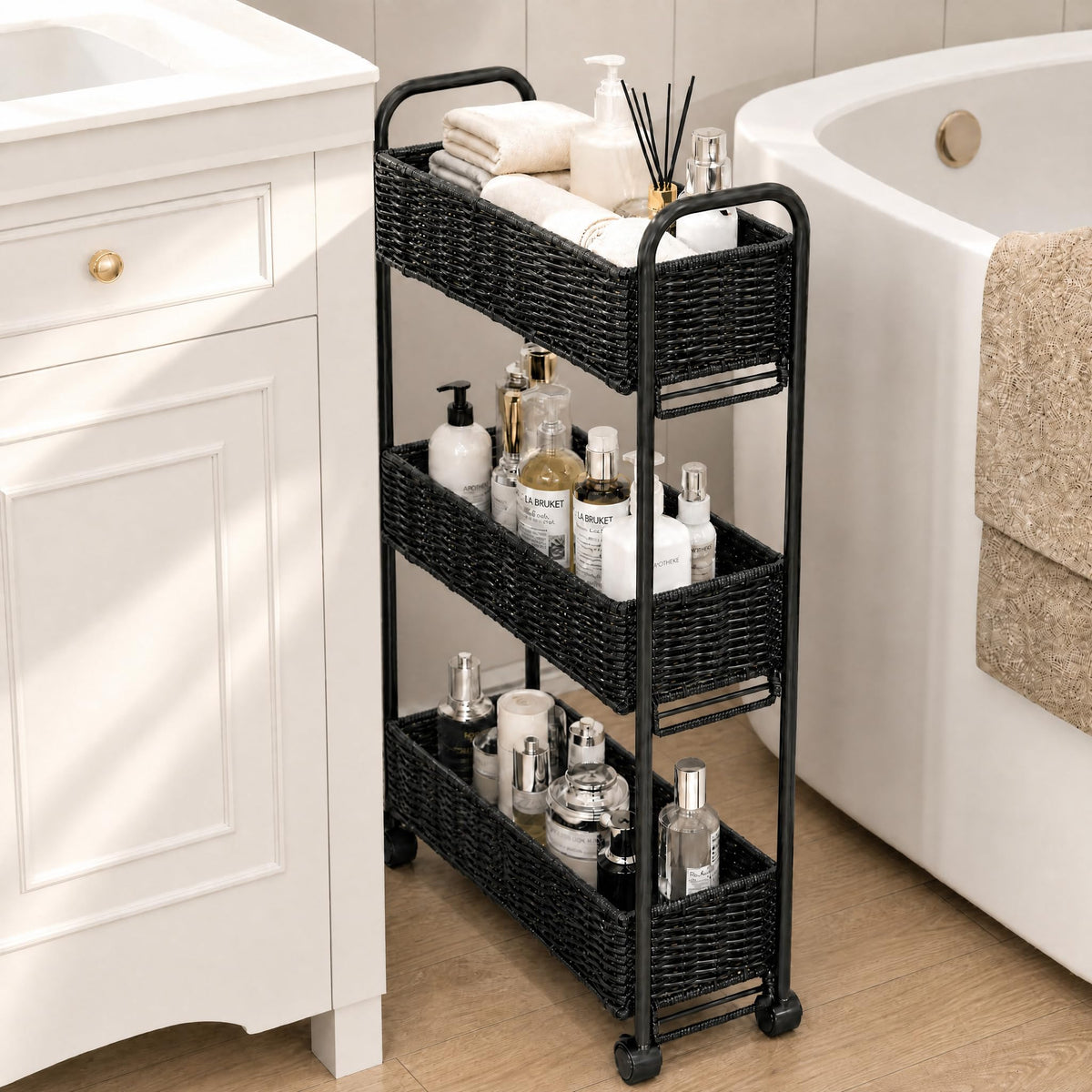FOCHIER F Utility Slim Storage Cart,3-Tier Rolling Kitchen Office Laundry Room Cart,Mobile Shelving Unit Organizer for Living Room Bathroom Baby Diaper Narrow Places (Natural, 3 Tiers-7.1 inch (W))