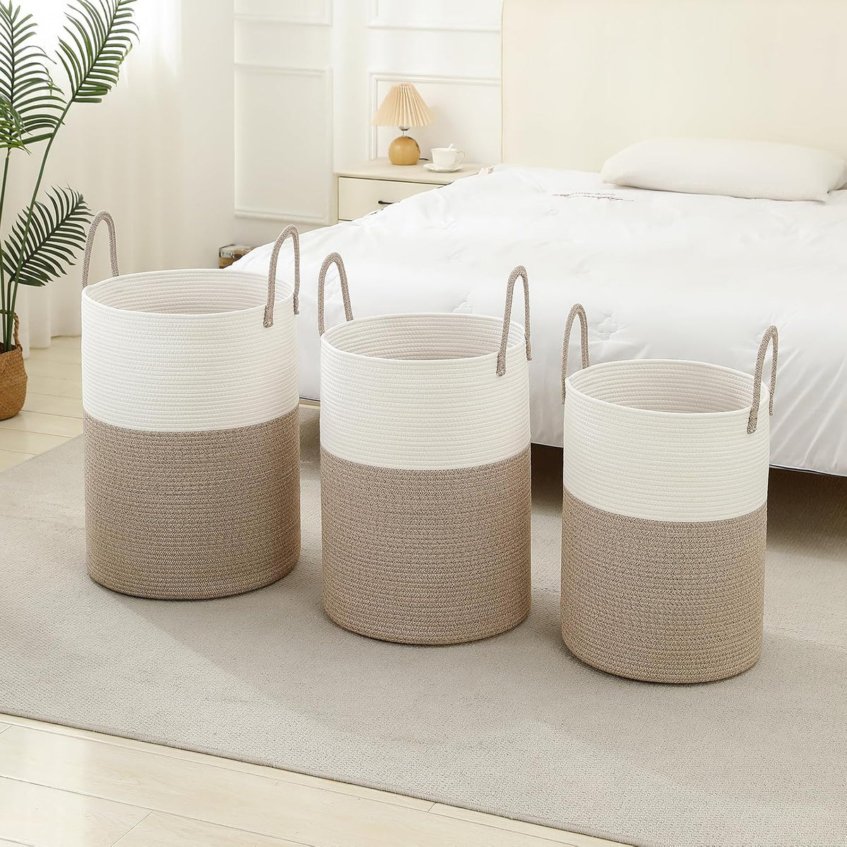 Laundry Basket Hamper Tall Rope Storage Woven for Blanket Toys Dirty Clothes in Living Room Bathroom Bedroom White & Brown 60L/15.8Gal