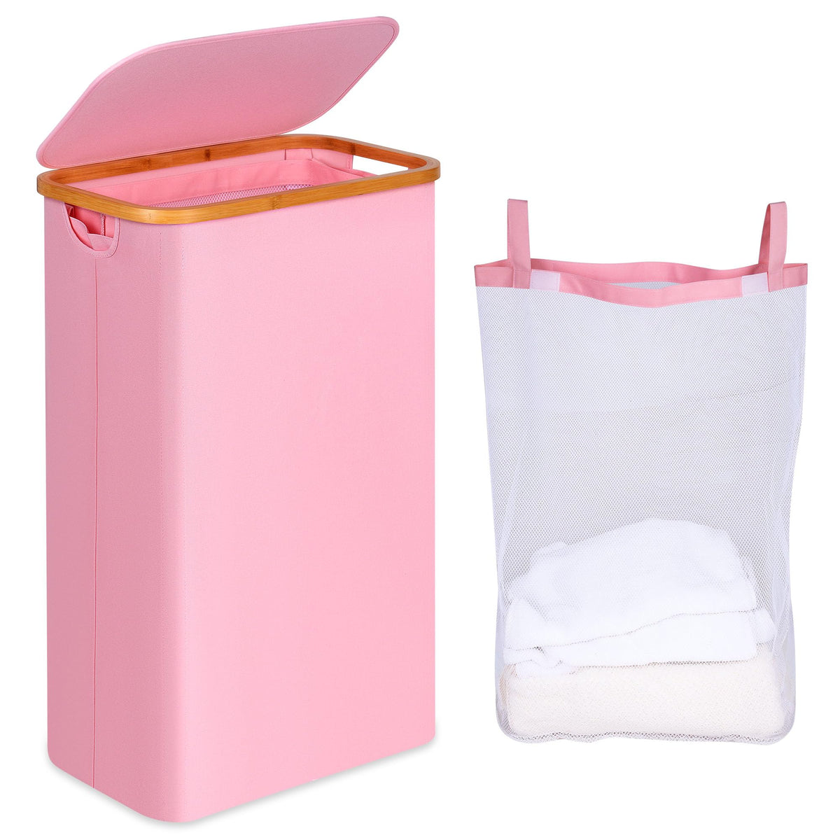 iEGrow 65L Slim Laundry Hamper, Narrow Laundry Basket with Lid,Foldable Clothes Hamper with Bamboo Handles,Hamper Basket with Removable Inner Bag for Laundry Room Bedroom College Dorm,17.17 Gals Pink