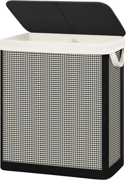 STO STO 2 Section Laundry Hamper with Lid, 140L Steel-Frame Double Laundry Hamper with Removable Washable Liner, Breathable Large Laundry Basket for Bedroom, Bathroom, Laundry Room, Dorm, Closet