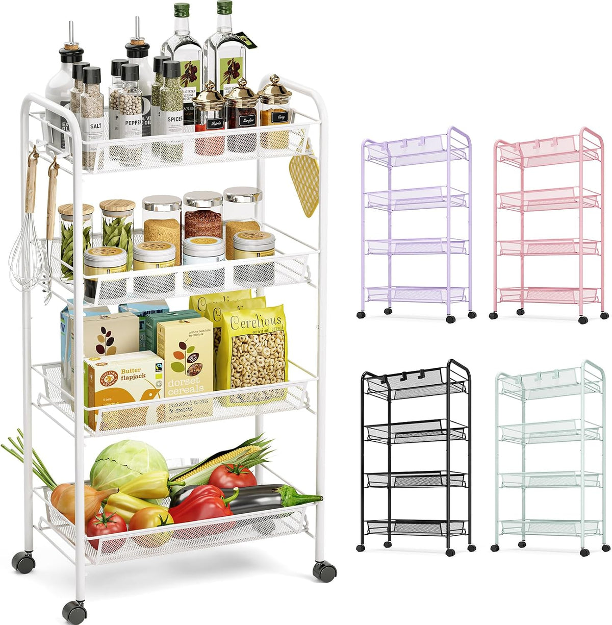 TOOLF 4 Tier Rolling Cart, Metal Utility Storage Cart with Wheels, White