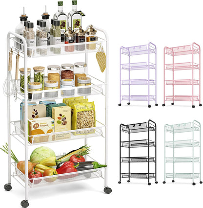 TOOLF 4 Tier Rolling Cart, Metal Utility Storage Cart with Wheels, White