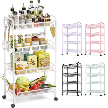 TOOLF 4 Tier Rolling Cart, Metal Utility Storage Cart with Wheels, White