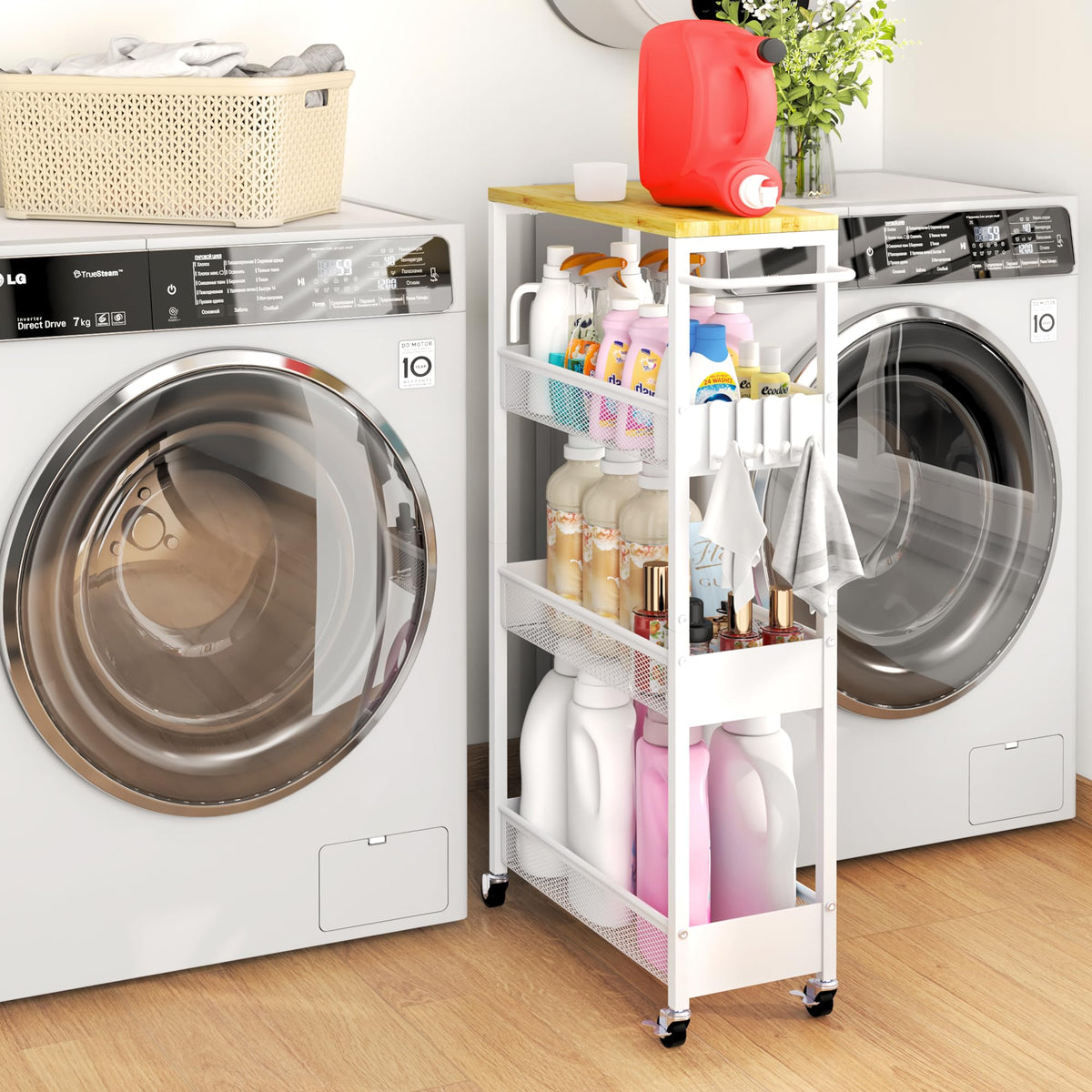 7.1" Wide Slim Storage Cart on Wheels, 4 Tier Metal Narrow Rolling Cart with Handle and Wood Top, Multifunctional Small Mobile Shelf Unit Organizer Trolley for Laundry, Bathroom, Kitchen