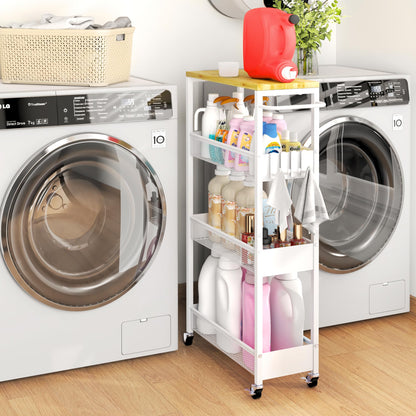 9.1" Wide Slim Rolling Utility Cart, 4 Tier Metal Narrow Storage Cart with Handle and Wood Top, Multifunctional Small Mobile Shelf Unit Organizer Trolley for Laundry, Bathroom, Kitchen