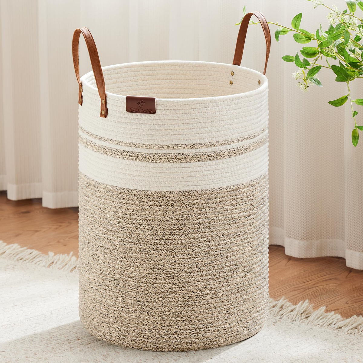 VIPOSCO 72L Tall Woven Rope Laundry Hamper, Leather Handles, White & Brown