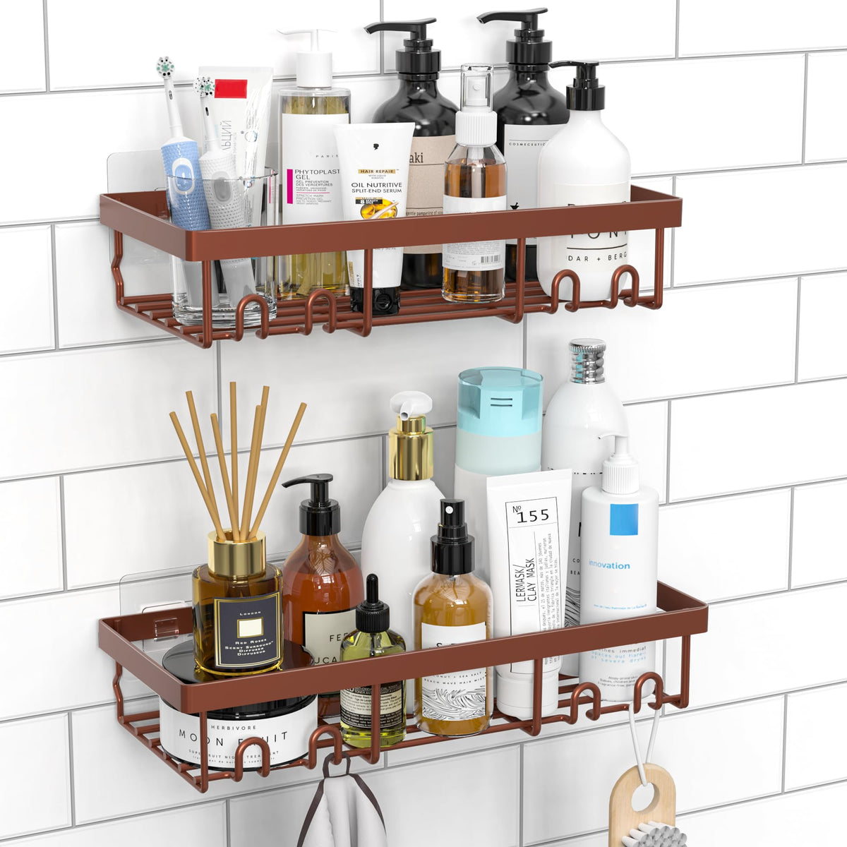Moforoco Suction Cup Shower Caddy Shelf Organizer Rack, Black Bathroom Shelves Basket, Home Farmhouse Wall Inside Organization and Storage