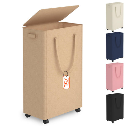 Slim Laundry Hamper with Wheels,20 Gal (75L) Rolling Laundry Basket with lid and wheels Clothes Hamper Foldable Tall Dirty Clothes Basket Sturdy Collapsible Clothes Hamper for Dorm,Laundry Room