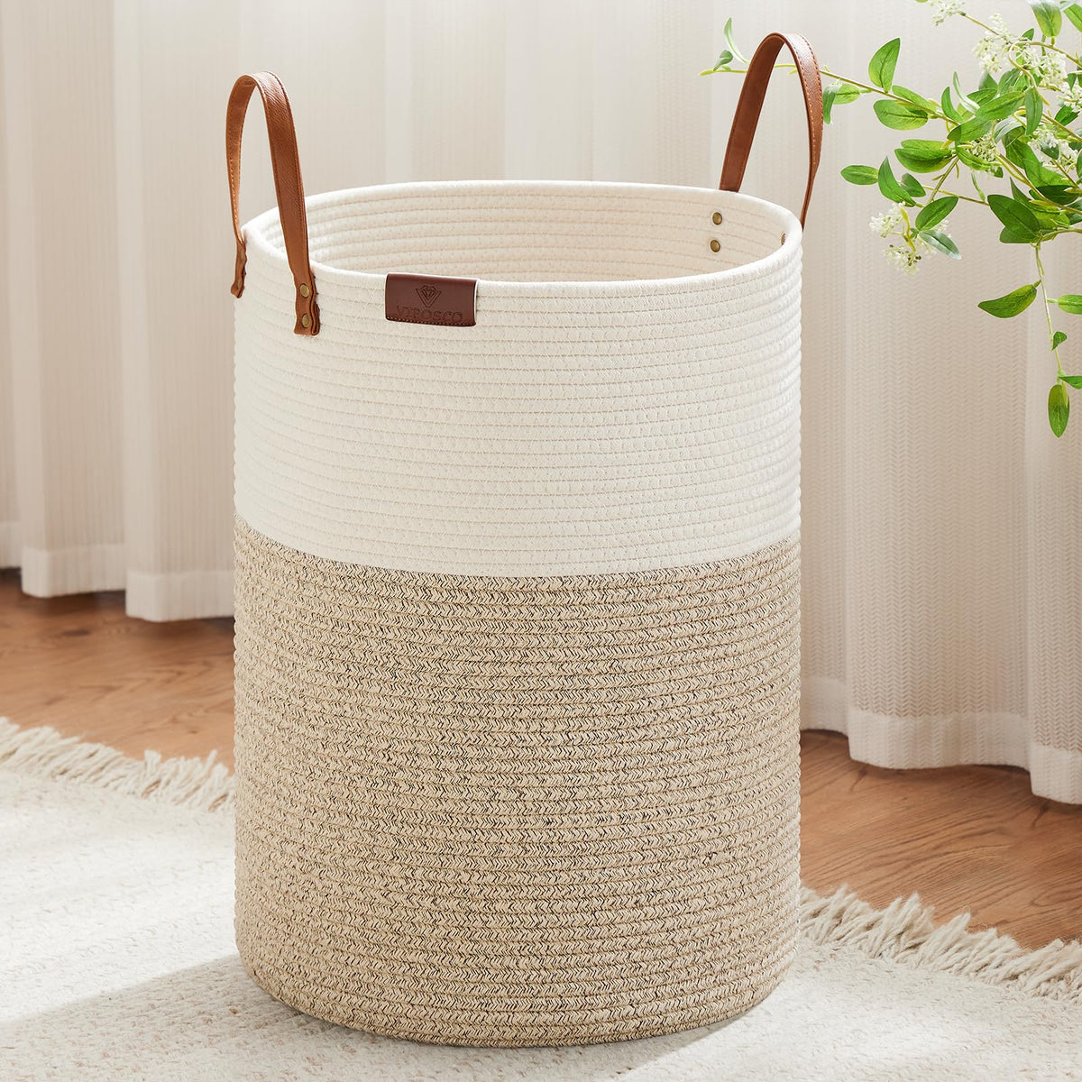 VIPOSCO 72L Tall Woven Rope Laundry Hamper, Leather Handles, White & Brown