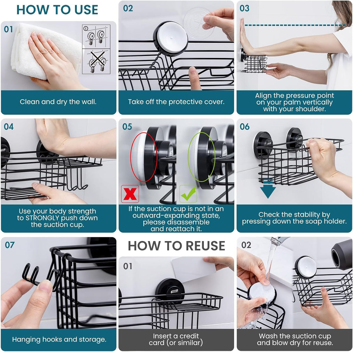 TAILI 2 Pack Shower Caddy Suction Cup, Heavy Duty Shower Organizer, Black