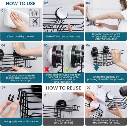TAILI 2 Pack Shower Caddy Suction Cup, Heavy Duty Shower Organizer, Black