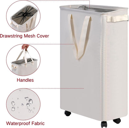 efluky Slim Laundry Hamper with Wheels, Rolling Laundry Basket for Clothes, Small Laundry Basket for Bedroom, Dorm and Laundry Room, 60L Beige