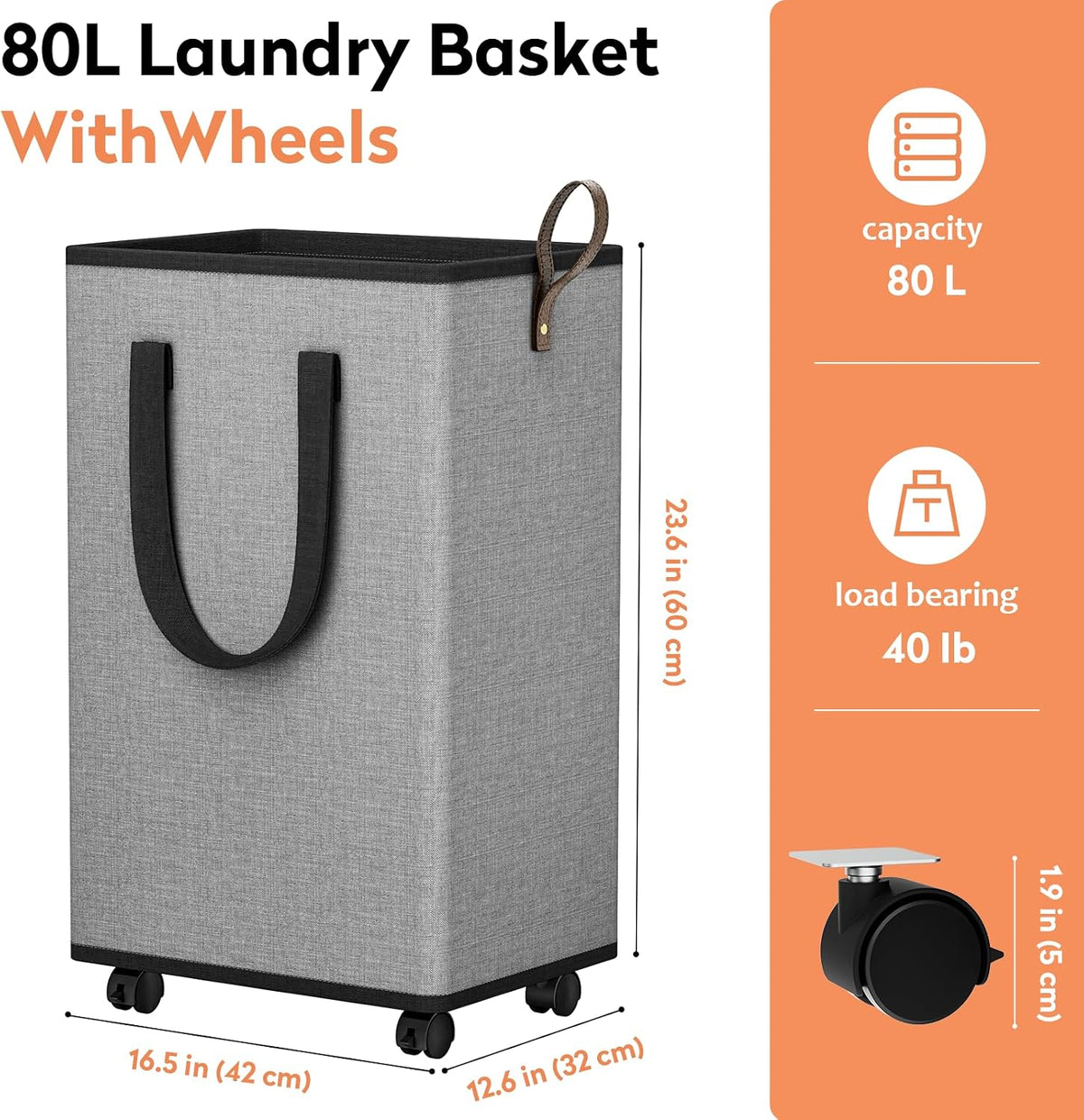 SpaceTrove Rolling Laundry Basket with Wheels, Laundry Hamper, 80L, Grey