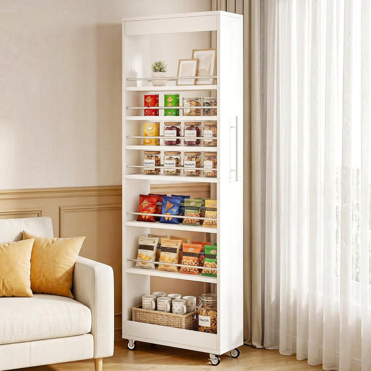 Tribesigns 73" Tall Slim Storage Cart on Rubber Wheels, 7-Tier Narrow Pantry Cabinet, Rolling Skinny Spice Rack Organizer Next to Fridge, Wooden Pull-Out Storage Shelf for Kitchen Small Spaces, White