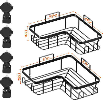 Moforoco Corner Shower Caddy Suction Cup, No Drilling Stainless Steel Shower Shelves, Portable/Movable Large Suction Cup Shower Organizer with Hooks Bathroom Storage Rack(Black)