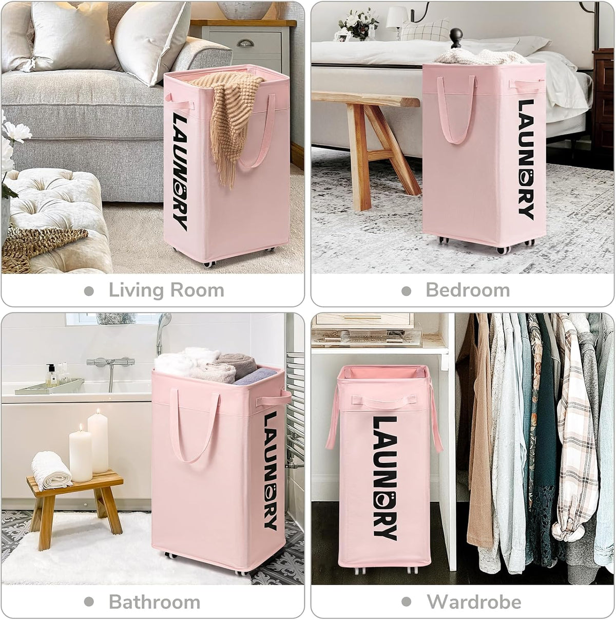 CHICVITA 75L Rolling Laundry Basket with Wheels Removable Wash Bag, Pink