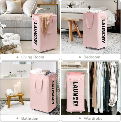 CHICVITA 75L Rolling Laundry Basket with Wheels Removable Wash Bag, Pink