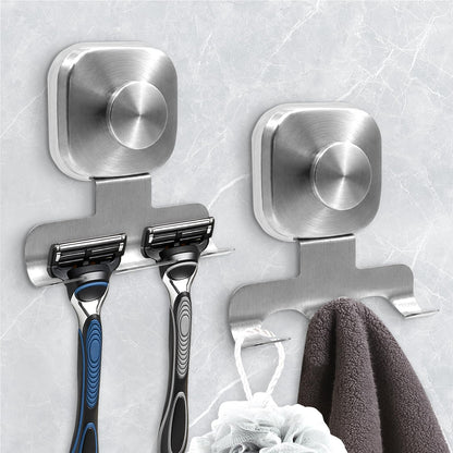 Suction Cup Razor Holder for Shower,Heavy-Duty 7KG Suction Hooks for Razor,Towel,Loofah,Removable Damage-Free Metal Shower Hook,Shaver Holder,2 Pack(Brushed Silver)
