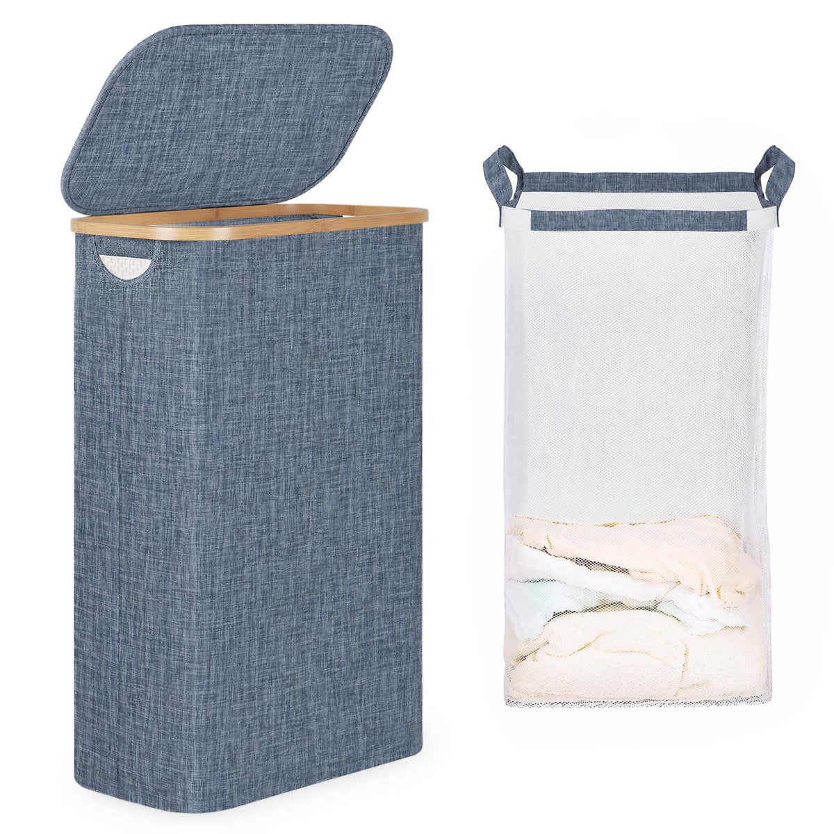 iEGrow 65L Slim Laundry Hamper, Narrow Laundry Basket with Lid,Foldable Clothes Hamper with Bamboo Handles,Hamper Basket with Removable Inner Bag for Laundry Room Bedroom College Dorm,17.17 Gals Pink