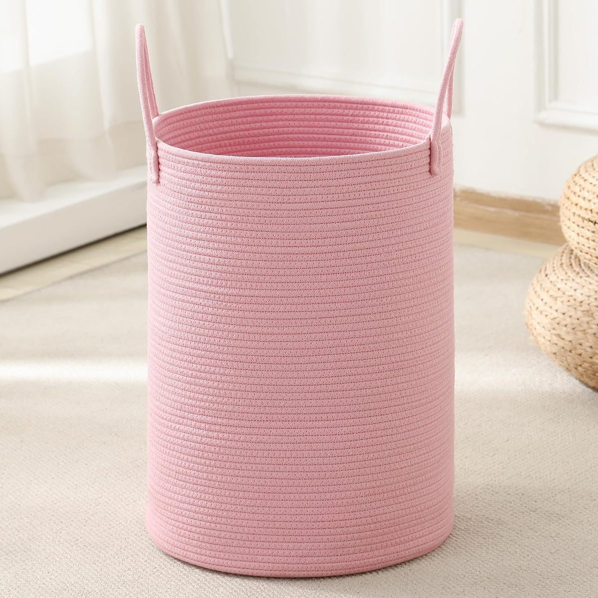 Laundry Basket Hamper Tall Rope Storage Woven for Blanket Toys Dirty Clothes in Living Room Bathroom Bedroom White & Brown 60L/15.8Gal