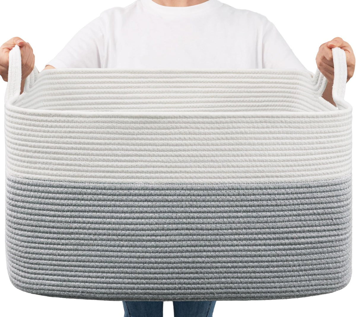 Goodpick Large Woven Rope Blanket Basket, Rectangle, Black, 75L
