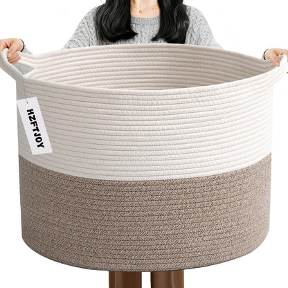 Large Woven Blanket Basket,65L Cotton Rope Laundry Basket