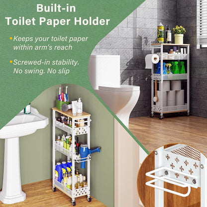 OKZEST Slim Bathroom Organizers and Storage Cart with Toilet Paper Holder